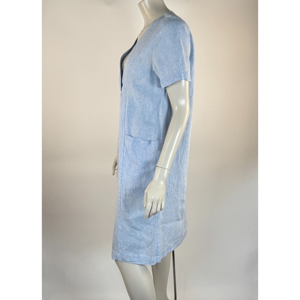 White Label Shift Linen Dress Women 6 Pockets Short Sleeve V-neck Washable Blue - Picture 9 of 10